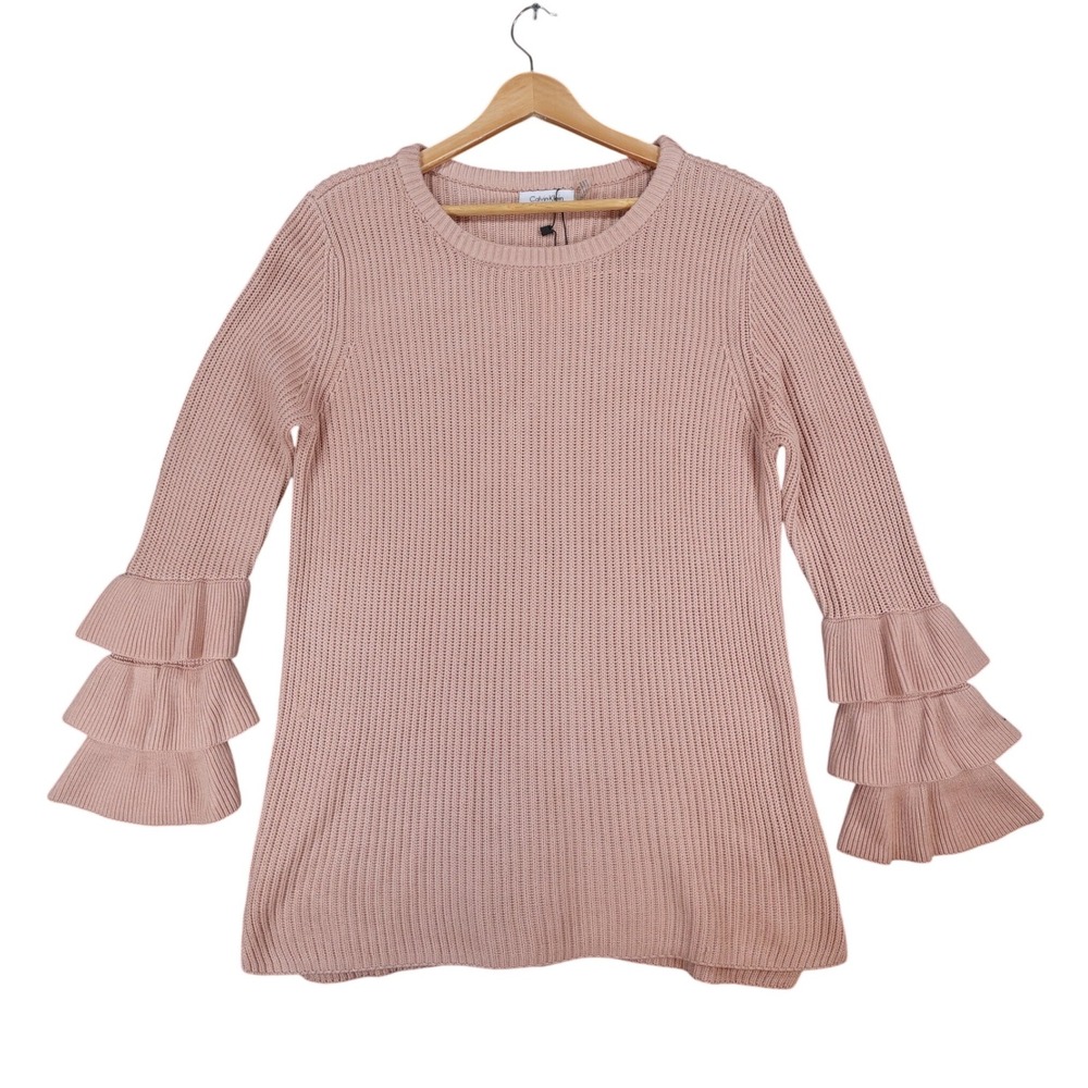 Calvin Klein Sweater Womens M Pink Acrylic Shaker Knit Tiered Ruffle Bell Sleeve